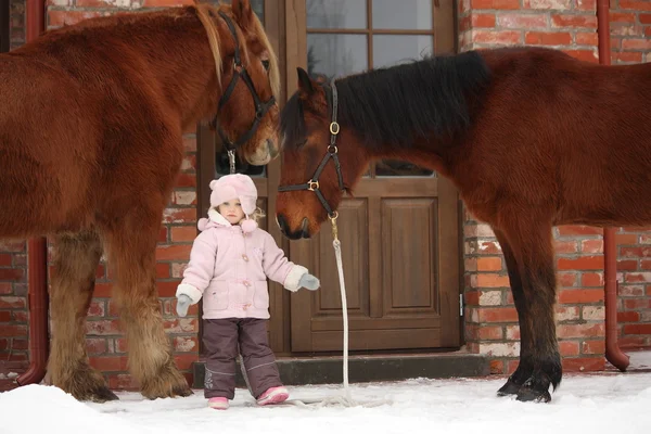 Little girl and two horses standing near the cottage door — Stock Photo, Image