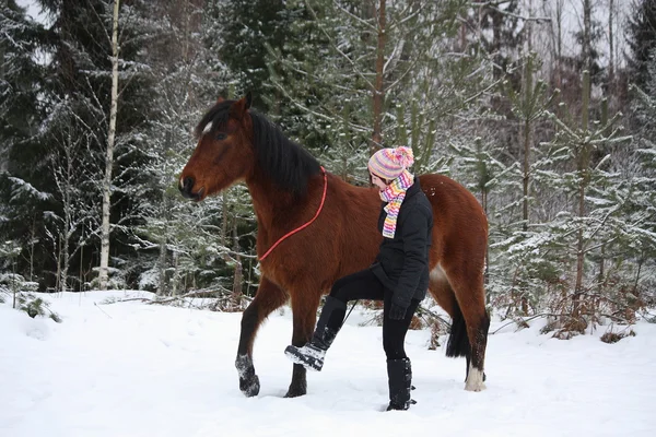 Adolescente menina e cavalo marrom caminhando pela floresta juntos — Fotografia de Stock