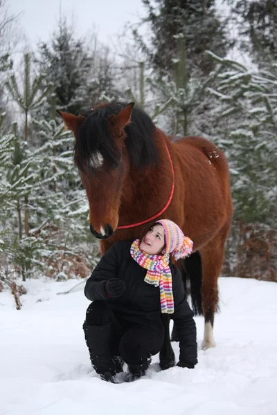 Bella ragazza adolescente seduta vicino a cavallo marrone in inverno — Foto Stock