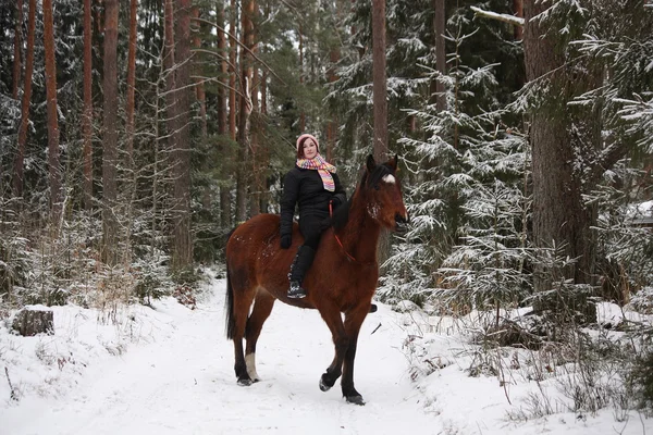 Hermosa chica adolescente cabalgando caballo marrón en el bosque —  Fotos de Stock
