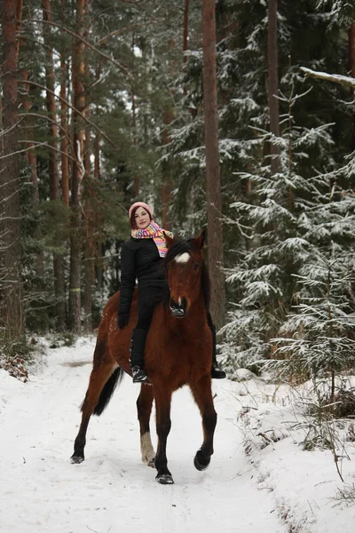 Beautiful teenager girl riding brown horse in the forest — Stock Photo, Image