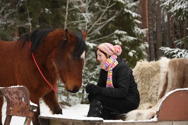 Teenager girl sitting in the sled with furs and brown horse — Stock Photo, Image