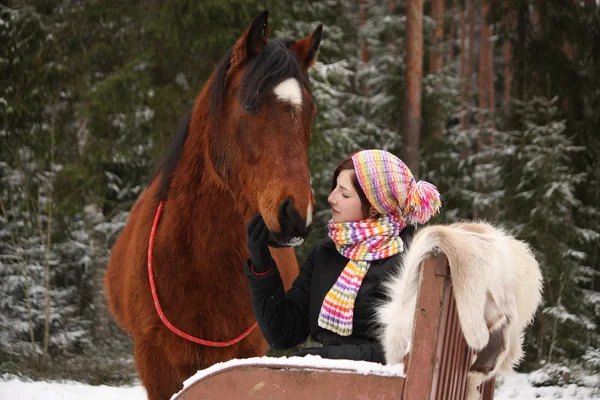 Chica adolescente sentada en el trineo con pieles y caballo marrón — Foto de Stock