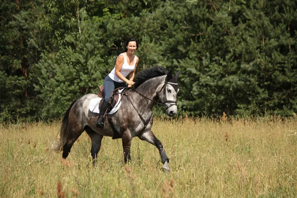 Mulher bonita montando cavalo cinza na floresta — Fotografia de Stock