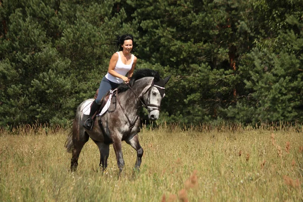 Beautiful woman riding gray horse in the forest Stock Photo