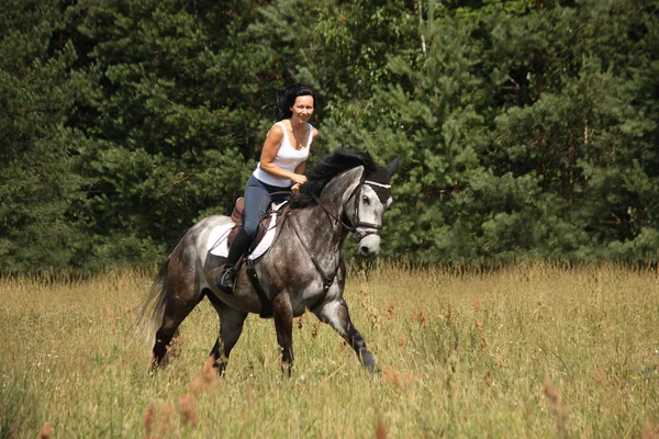 Schöne Frau reitet Schimmel im Wald lizenzfreie Stockbilder