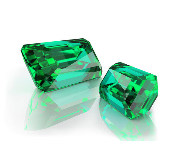 Precious stones, two large, beautiful emeralds. 3d image. Light background.