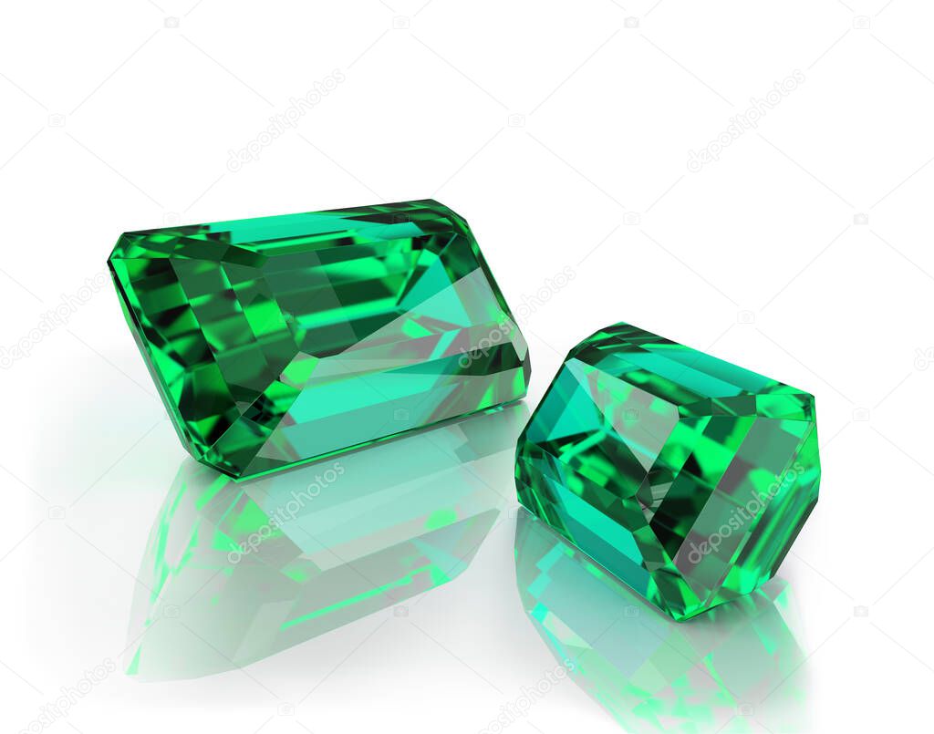 Precious stones, two large, beautiful emeralds. 3d image. Light background.