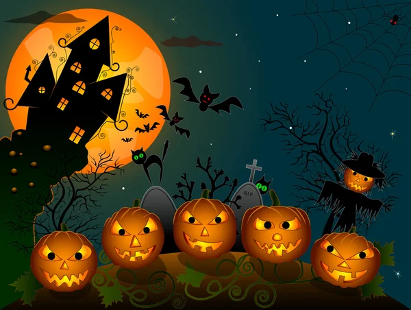 Halloween pompoenen bij nacht — Stockvector