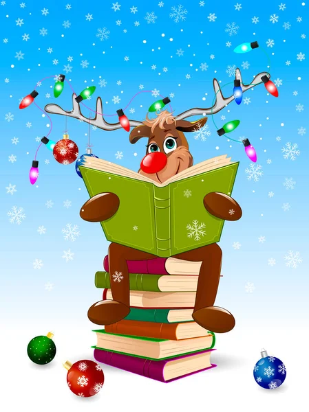 Çizgi film geyiği Noel için bir kitap okur. Kitaplı bir geyik ve kış arka planında Noel süslemeleri. Bir geyik kitap yığınının üzerinde oturuyor..
