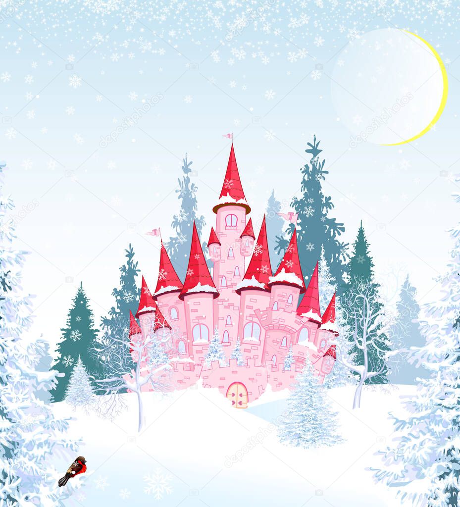 Cartoon pink princess castle on the background of a winter snow-covered forest. Winter snowy night.