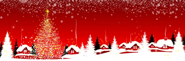 赤い冬の背景にクリスマスツリーと家 雪の結晶 冬の雪の夜 — ストックベクタ