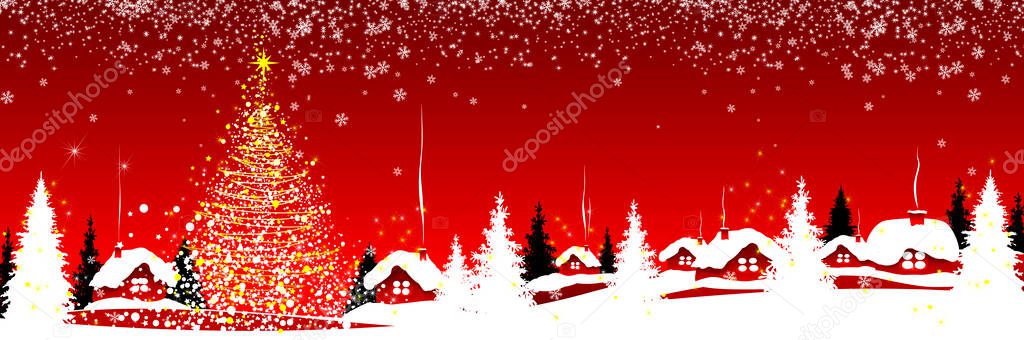 Christmas tree and houses on a red winter background. Snowflakes, snow, forest. Winter snowy night.