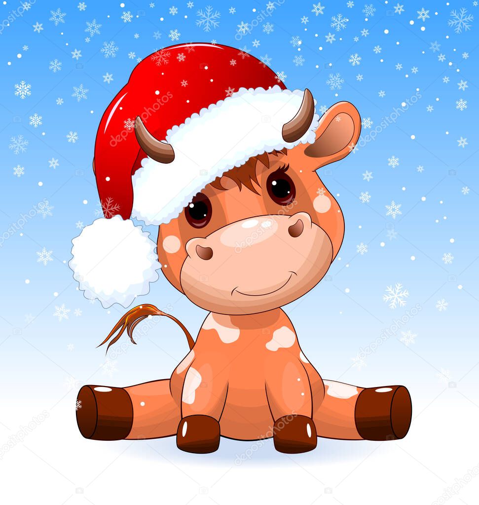 A small calf sits in a Santa hat in the snow. Winter background with snowflakes.