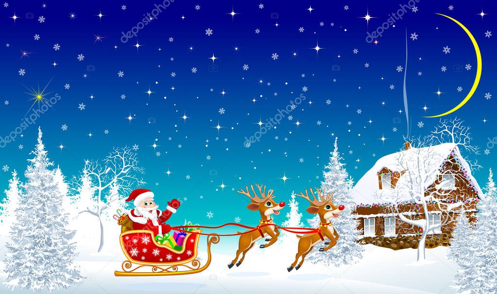 Santa on his sleigh with reindeer in front of a village house. Night. The sky with stars. Snowflakes, snow.