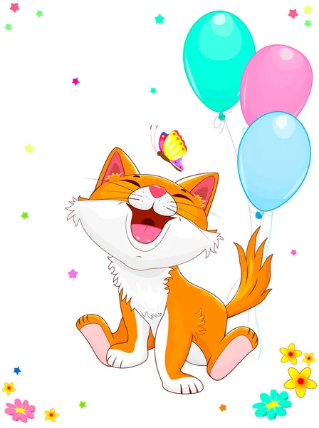 Gatito Dibujos Animados Sonriente Sentado Lado Globos Gatito Alegre Mariposa — Vector de stock