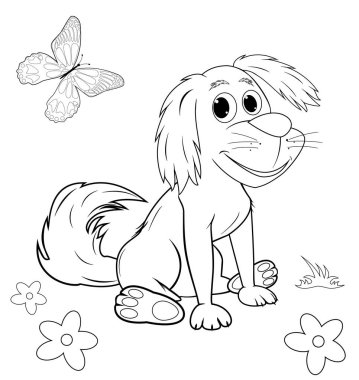 Boyama sayfası için konturlarda oturan köpek. Beyaz arka planda bir köpeğin çizimi.