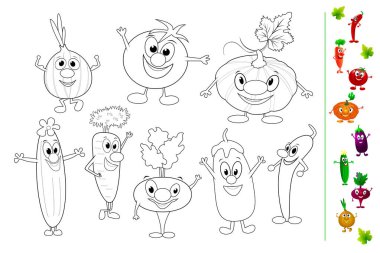 Renklendirmek için çeşitli komik sebzeler. Küçük çocuklar için yaratıcı eğlence.