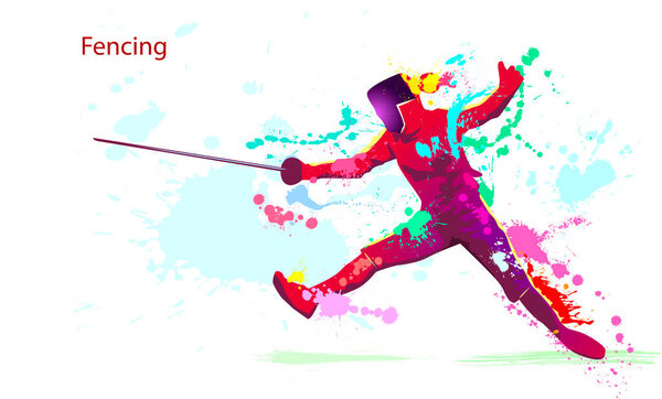 Fencer with a saber. Silhouette of an athlete. Grunge style. Fencing is a sport. Various multicolored splashes and blots.