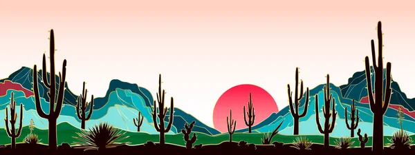 Landscape Various Cacti Backdrop Mountains Rising Sun Mountains Streaked Gold — Stock Vector