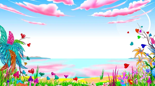 Fantazyjny Krajobraz Przylądek Morski Błękitne Niebo Różowymi Chmurami Bajeczne Rośliny — Zdjęcie stockowe