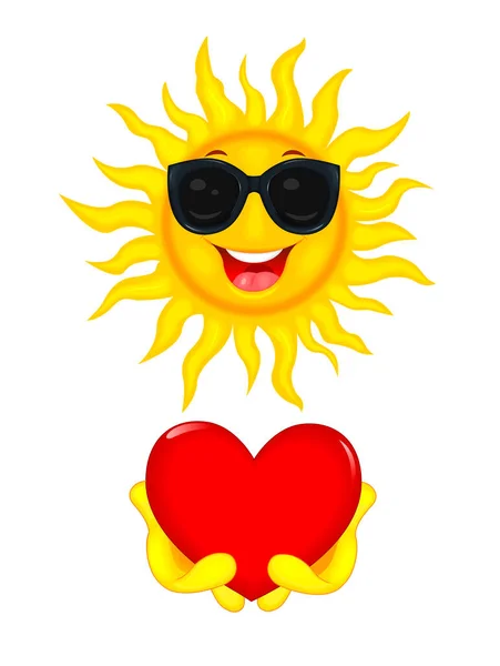 Cartoon Joyful Sun Black Glasses Sun Holds Red Heart Its — Stock Vector