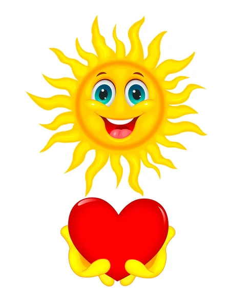 Smiling Cartoon Sun White Background Sun Holds Red Heart Its — Stock Vector