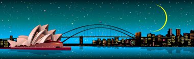 Avustralya 'nın Sydney kenti. Yıldızlar ve ay gece gökyüzünde parlıyor. Şehir renkli ışıklarla aydınlanıyor..