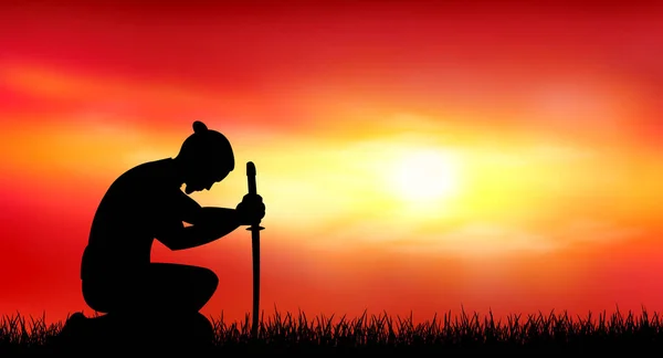 Man Kneels Sword His Hands Backdrop Sunny Sunset Royalty Free Stock Illustrations