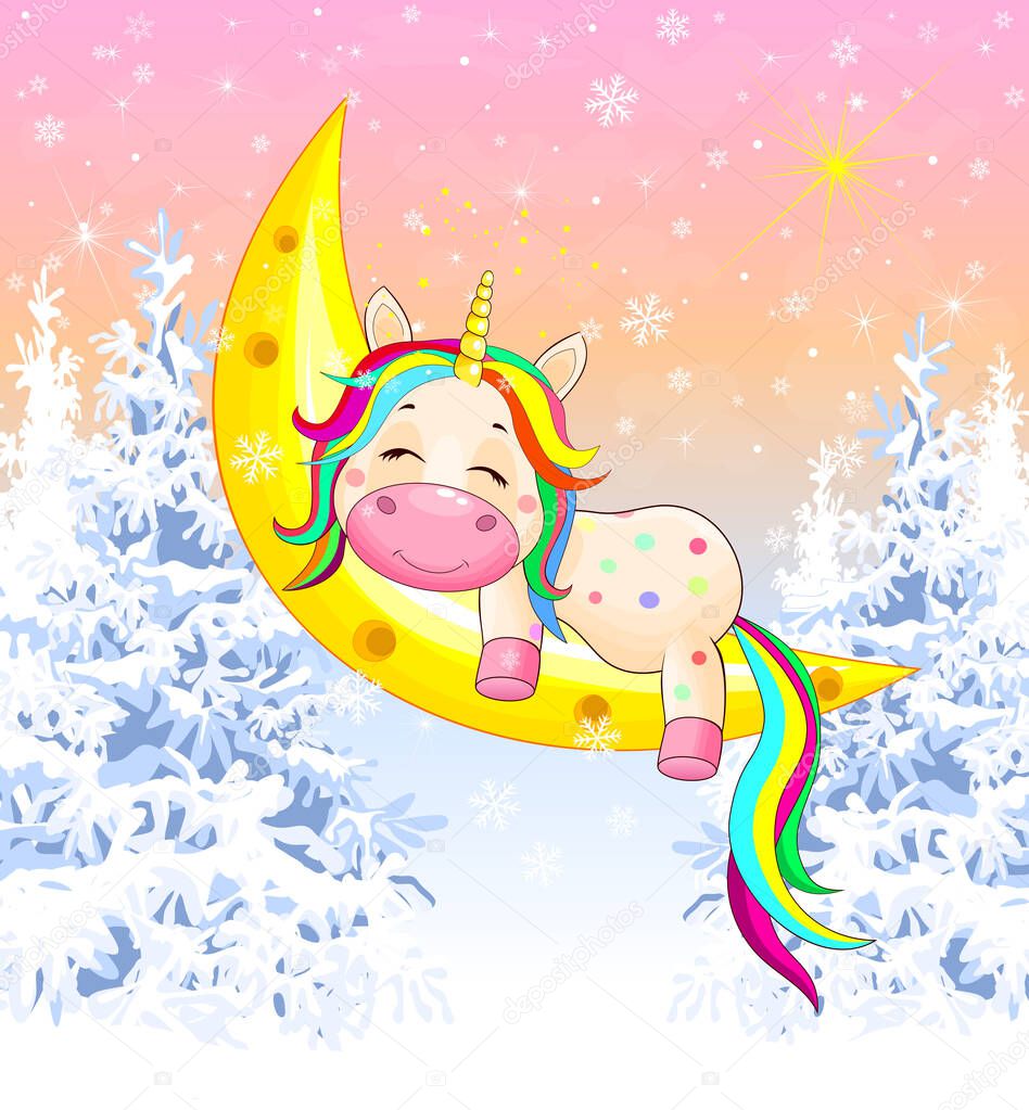 A small unicorn sleeps on the moon against the background of a winter forest, snowflakes and a shining star.