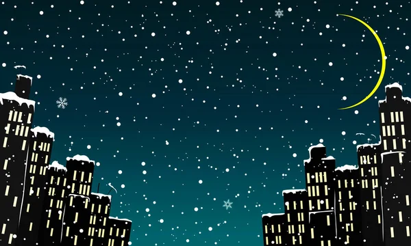Мультфильм Город Фоне Зимнего Ночного Неба Снежинки Снег Луна Небе — стоковый вектор