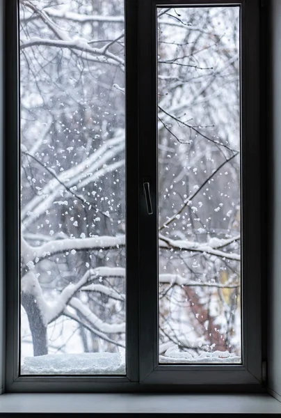 Snöfall utanför fönstret Stockbild