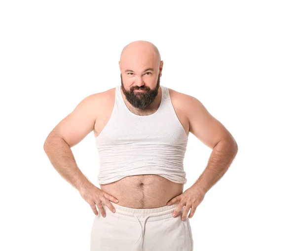 Uomo Sovrappeso Sfondo Bianco Perdita Peso Concetto — Foto Stock