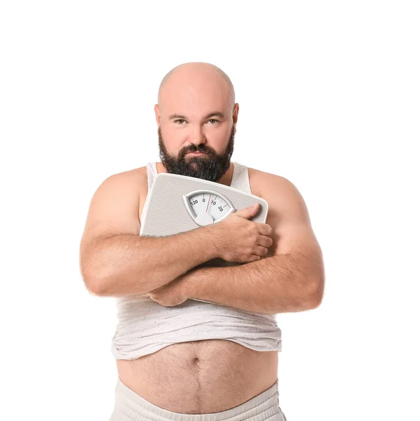 Uomo Sovrappeso Con Squame Sfondo Bianco Perdita Peso Concetto — Foto Stock
