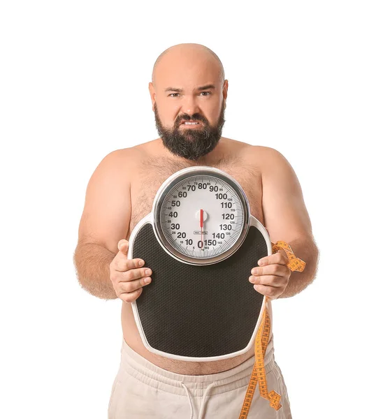 Uomo Sovrappeso Scontento Con Squame Sfondo Bianco Perdita Peso Concetto — Foto Stock