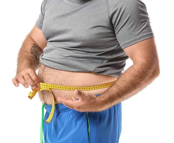 Overweight Man Measuring Tape White Background Weight Loss Concept — Stock Photo, Image