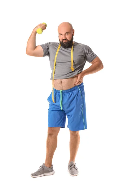 Overweight Man Measuring Tape Dumbbell White Background Weight Loss Concept — Stock Photo, Image