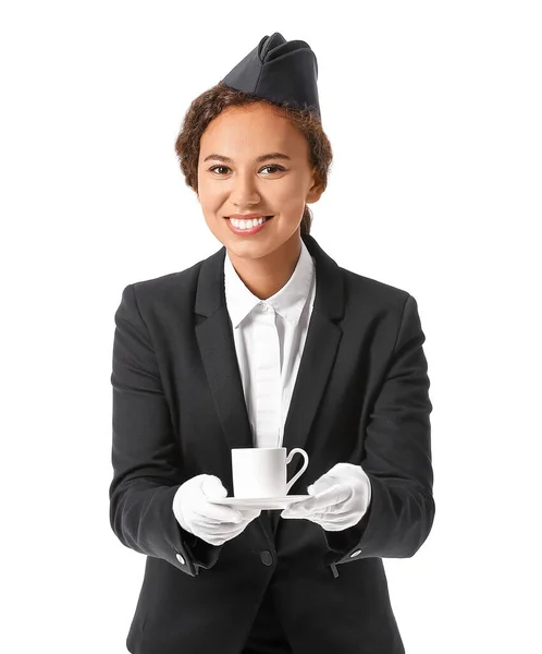 Mooie Afro Amerikaanse Stewardess Met Kopje Koffie Witte Achtergrond — Stockfoto