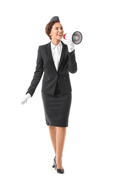 Beautiful African American Stewardess Megaphone White Background — Stock Photo, Image