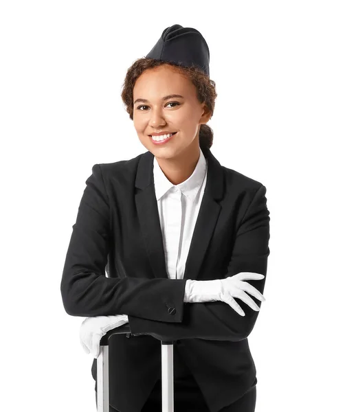Piękna Afroamerykańska Stewardessa Białym Tle — Zdjęcie stockowe