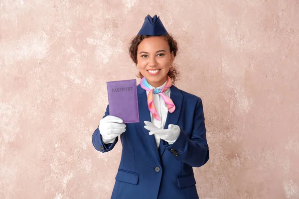 Beautiful African American Stewardess Passport Color Background — Stock Photo, Image