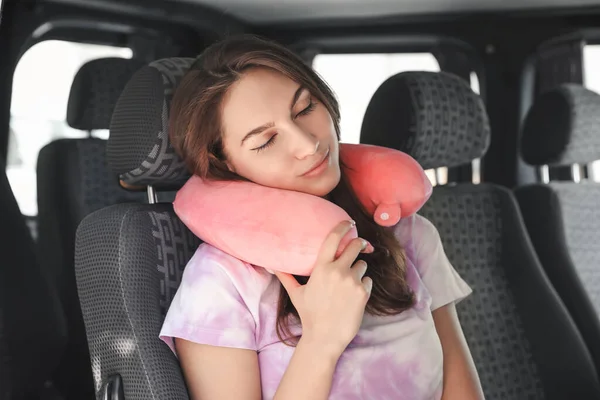 Beautiful Young Woman Travel Pillow Sitting Car — Stock Photo, Image