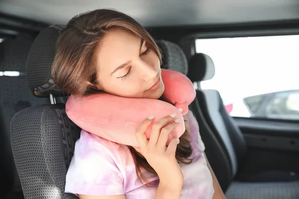 Beautiful Young Woman Travel Pillow Sitting Car — Stock Photo, Image