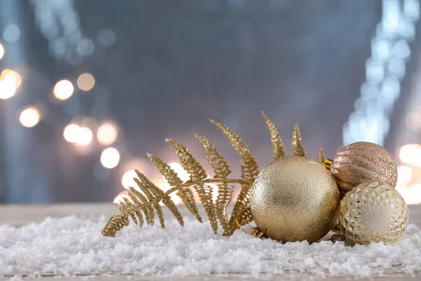 Christmas Decor Snow Table Blurred Lights — Stock Photo, Image