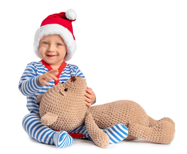 Симпатичный Маленький Ребенок Шляпе Санта Клауса Игрушкой Белом Фоне — стоковое фото