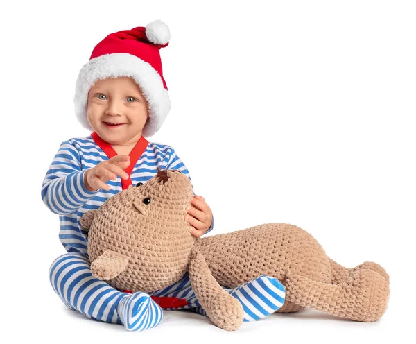 Bebê Bonito Chapéu Papai Noel Com Brinquedo Fundo Branco — Fotografia de Stock