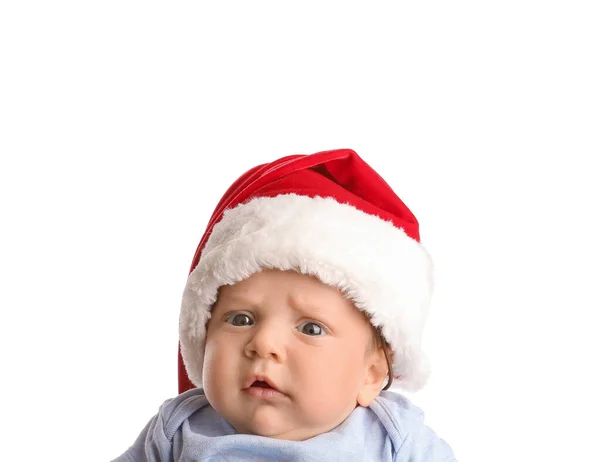 Bonito Bebê Chapéu Papai Noel Fundo Branco — Fotografia de Stock