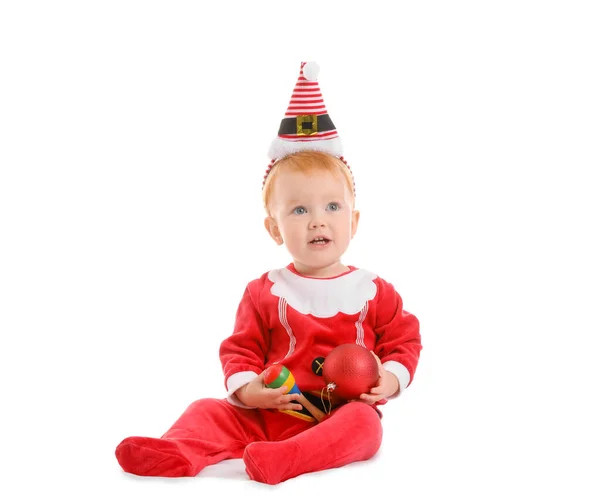 Söt Liten Bebis Juldräkt Vit Bakgrund — Stockfoto