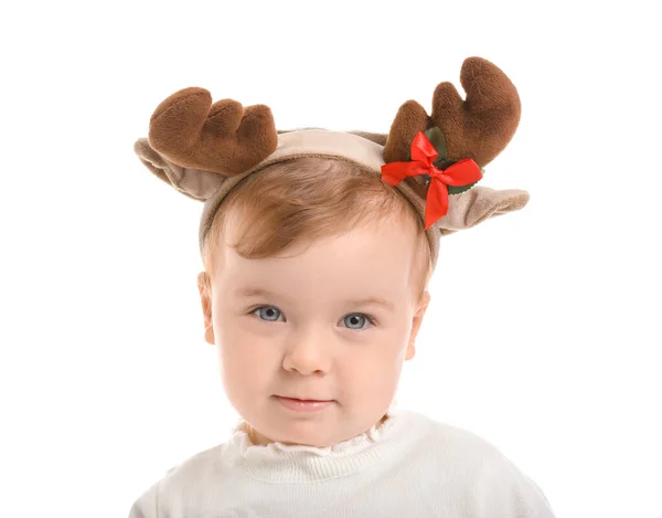 Cute Little Baby Christmas Deer Horns White Background — Stock Photo, Image