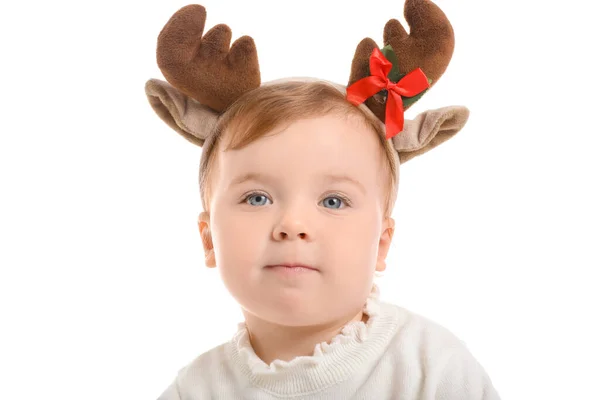 Bebé Bonito Com Chifres Veado Natal Fundo Branco — Fotografia de Stock